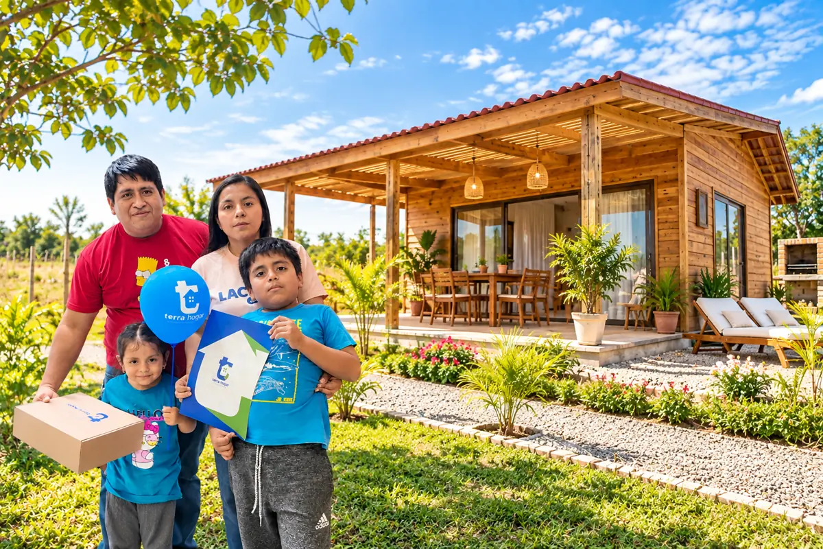 Familia feliz frente a su casita de campo, con un globo de Terra Hogar
